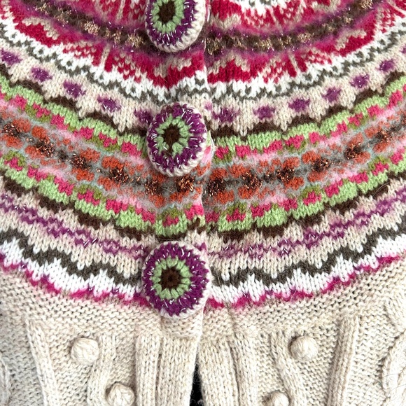 Derhy Cardigan Sweater ¾ Sleeve Hand Embroidered Wool Alpaca Cream Fair Isle - Picture 4 of 11